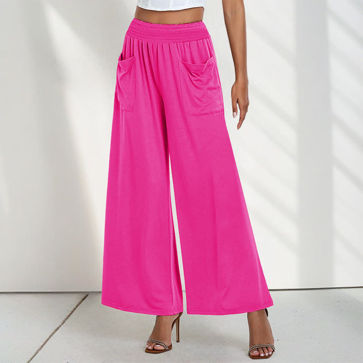 Buddha Stones Lässige, hoch taillierte, schlichte, lockere Damenhose aus Polyester mit weitem Bein und Taschen