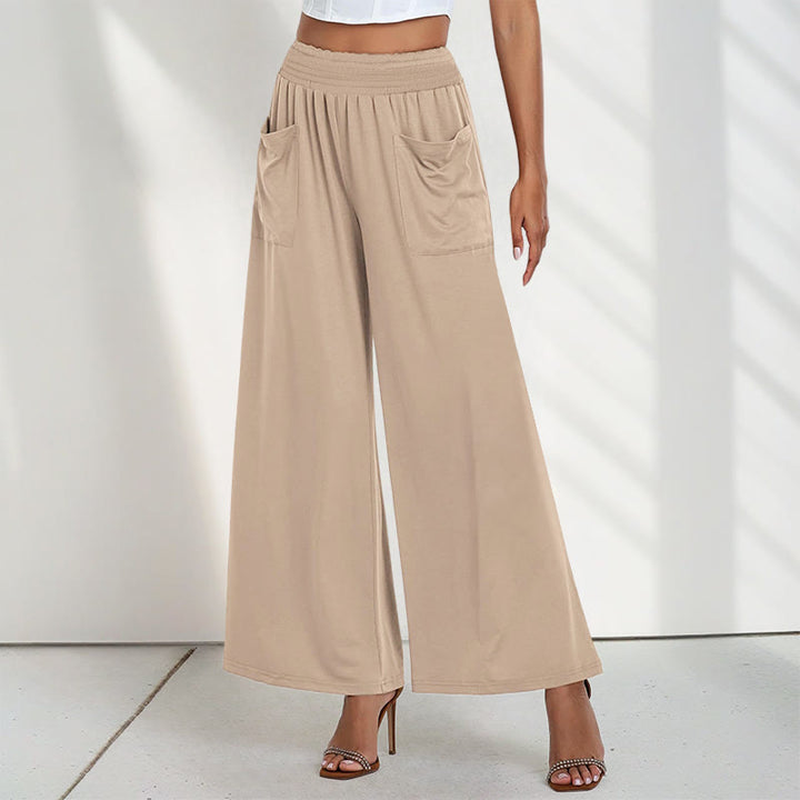 Buddha Stones Lässige, hoch taillierte, schlichte, lockere Damenhose aus Polyester mit weitem Bein und Taschen