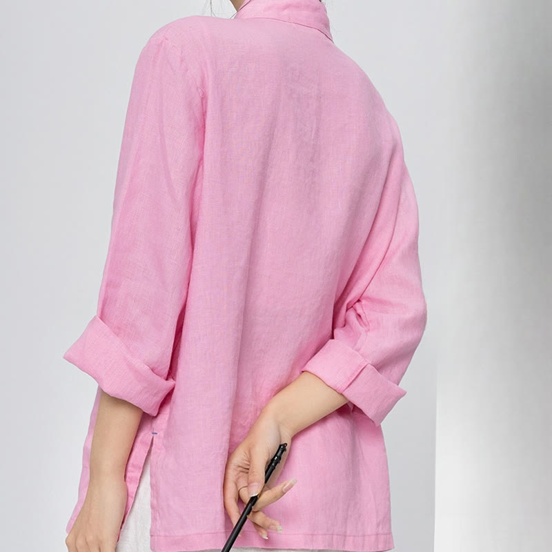 Buddha Stones Einfarbige Froschknopf Langarm Leinen Damenhemden mit Taschen - image 2