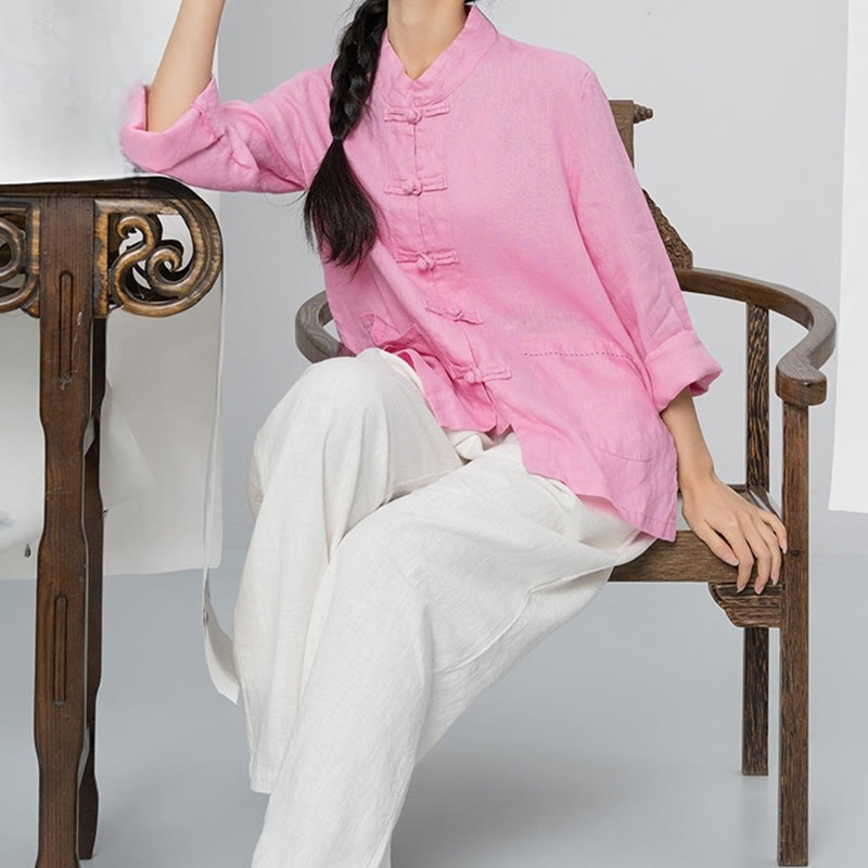 Buddha Stones Einfarbige Froschknopf Langarm Leinen Damenhemden mit Taschen - image 3