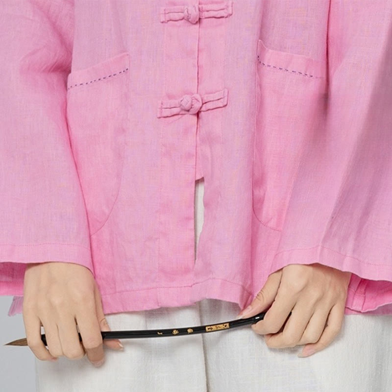 Buddha Stones Einfarbige Froschknopf Langarm Leinen Damenhemden mit Taschen - image 5