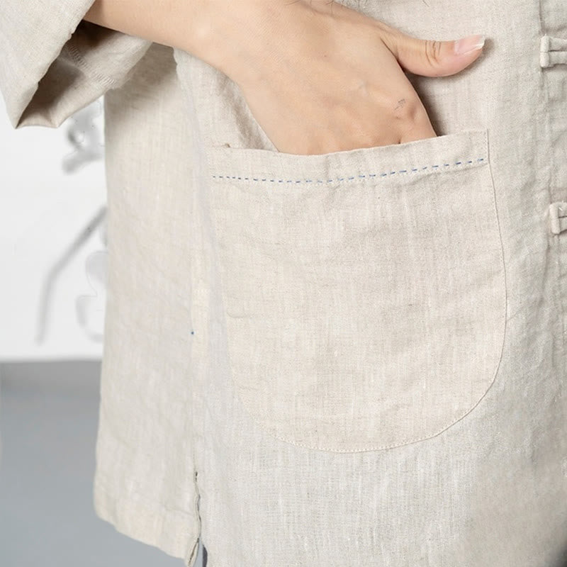 Buddha Stones Einfarbige Froschknopf Langarm Leinen Damenhemden mit Taschen - image 17