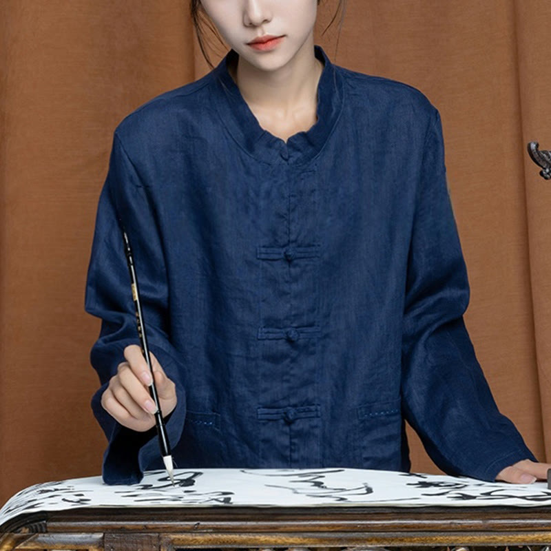 Buddha Stones Einfarbige Froschknopf Langarm Leinen Damenhemden mit Taschen - Dunkelschieferblau - US4, UK/AU8, EU36 (L) - image 28