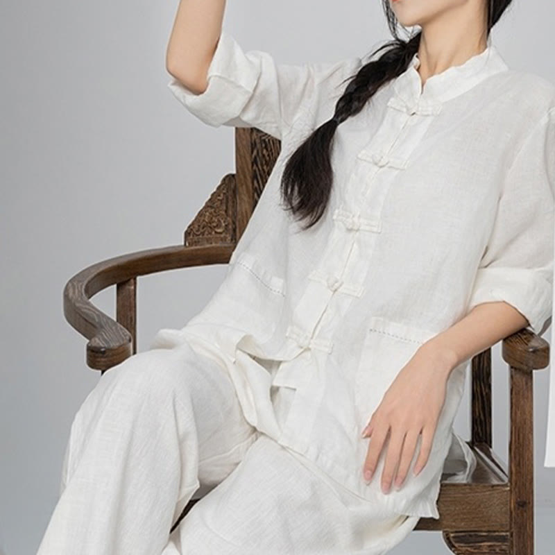 Buddha Stones Einfarbige Froschknopf Langarm Leinen Damenhemden mit Taschen - image 21