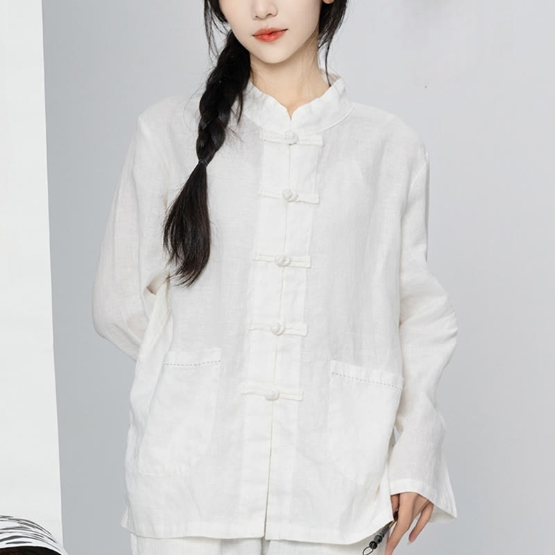 Buddha Stones Einfarbige Froschknopf Langarm Leinen Damenhemden mit Taschen - Weiß - US4, UK/AU8, EU36 (L) - image 20