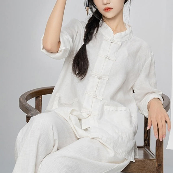 Buddha Stones Einfarbige Froschknopf Langarm Leinen Damenhemden mit Taschen - image 25