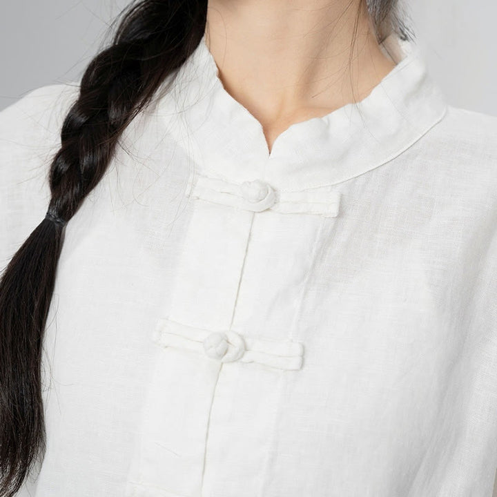 Buddha Stones Einfarbige Froschknopf Langarm Leinen Damenhemden mit Taschen - image 24