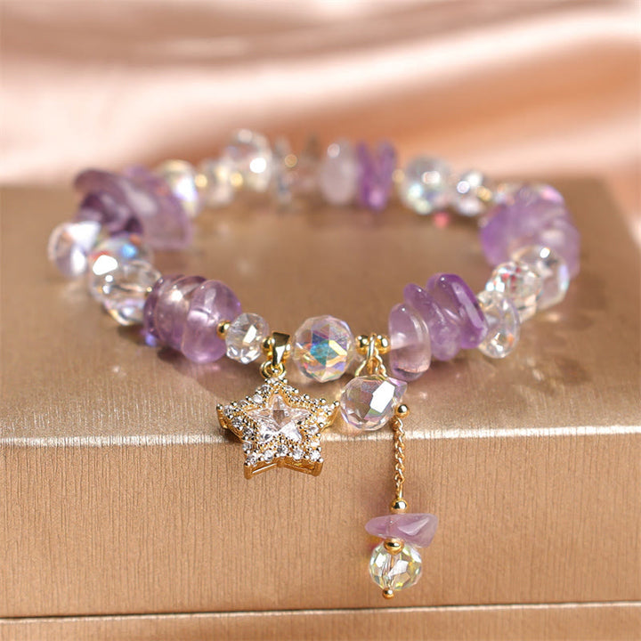 Buddha Stones Armband mit natürlichem Amethyst-Kristall und Stern-Charme für positive Transformation