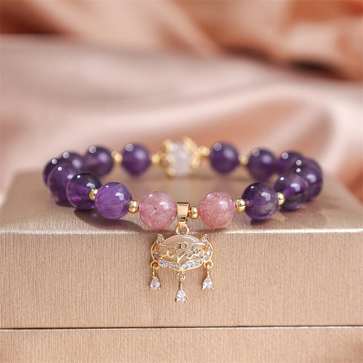 Buddha Stones Natürlicher Amethyst Erdbeerquarz Peace Lock Charm Positives Armband