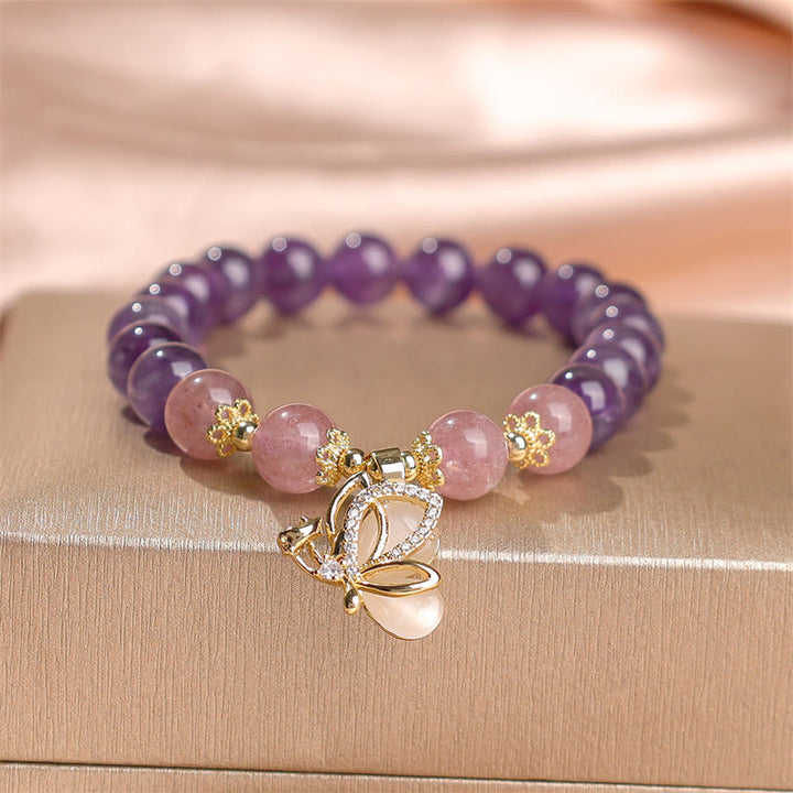 Buddha Stones Armband mit Charms, natürlicher Amethyst, Erdbeerquarz, Heilkristall, Schmetterling