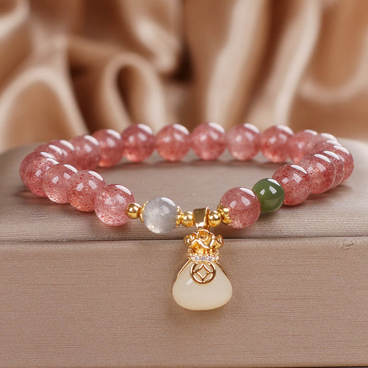 Buddha Stones Natürlicher Erdbeerquarz Geldbeutel Charm Positives Armband