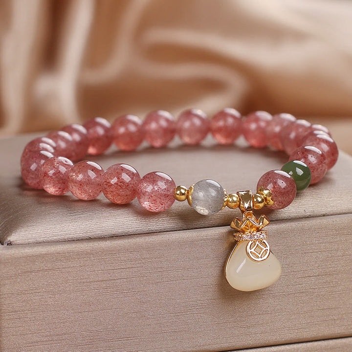 Buddha Stones Natürlicher Erdbeerquarz Geldbeutel Charm Positives Armband