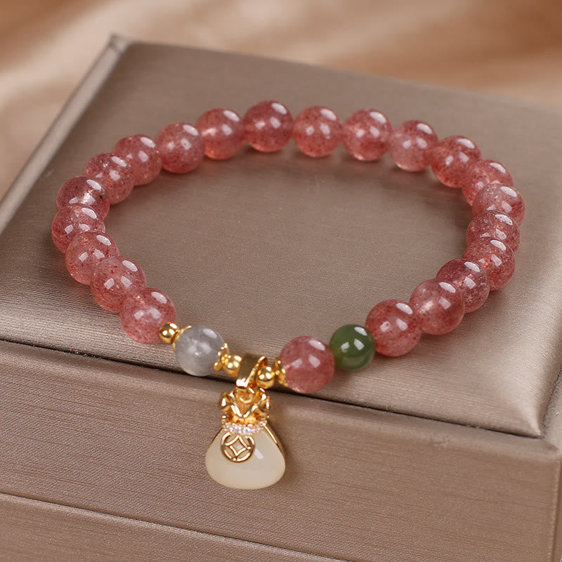 Buddha Stones Natürlicher Erdbeerquarz Geldbeutel Charm Positives Armband