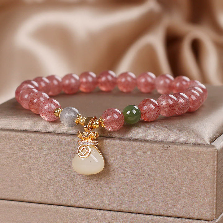 Buddha Stones Natürlicher Erdbeerquarz Geldbeutel Charm Positives Armband