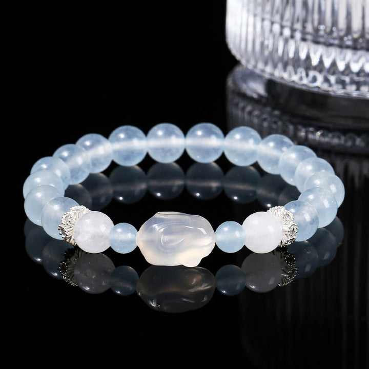 Armband mit Buddha Stones, blauer Chalcedon, weißer Achat, Kaninchen, emotionales Gleichgewicht