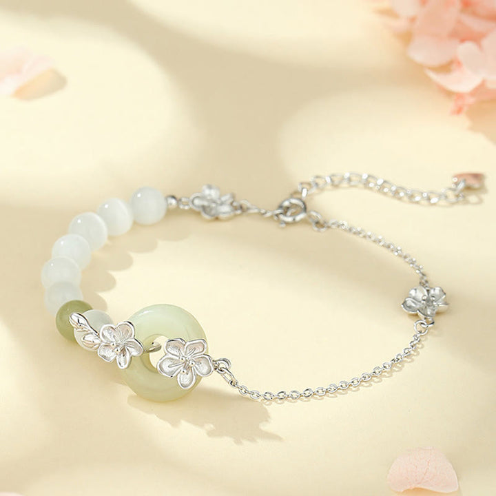 Buddha Stones 999 Sterling Silber Natürliche Hetian Jade Friedensschnalle Pfirsichblüte Glücksarmband - Silber (Handgelenkumfang 14-20 cm) - image 11