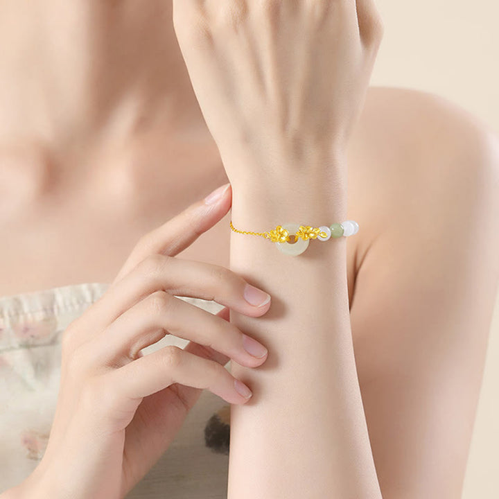 Buddha Stones 999 Sterling Silber Natürliche Hetian Jade Friedensschnalle Pfirsichblüte Glücksarmband - image 3