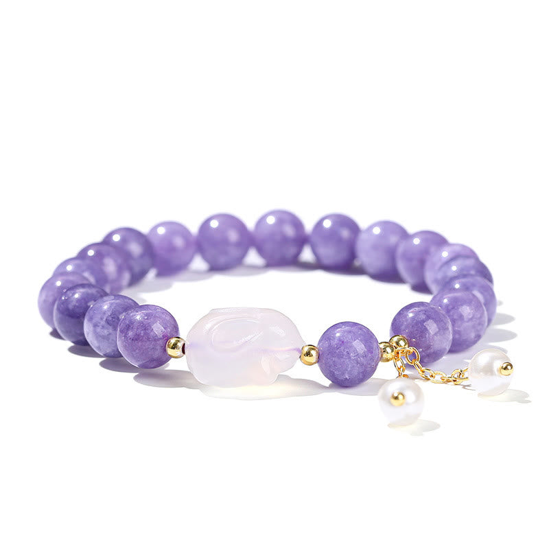 Buddha Stones Armband mit Heilperlen, natürlichem violettem Aquamarin und Chalcedon, Kaninchen-Design