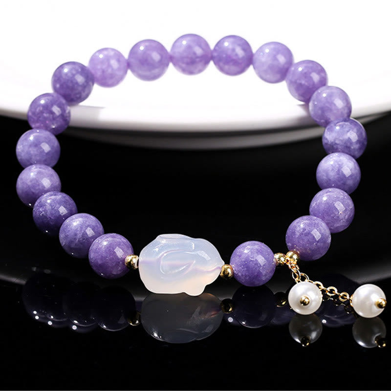 Buddha Stones Armband mit Heilperlen, natürlichem violettem Aquamarin und Chalcedon, Kaninchen-Design