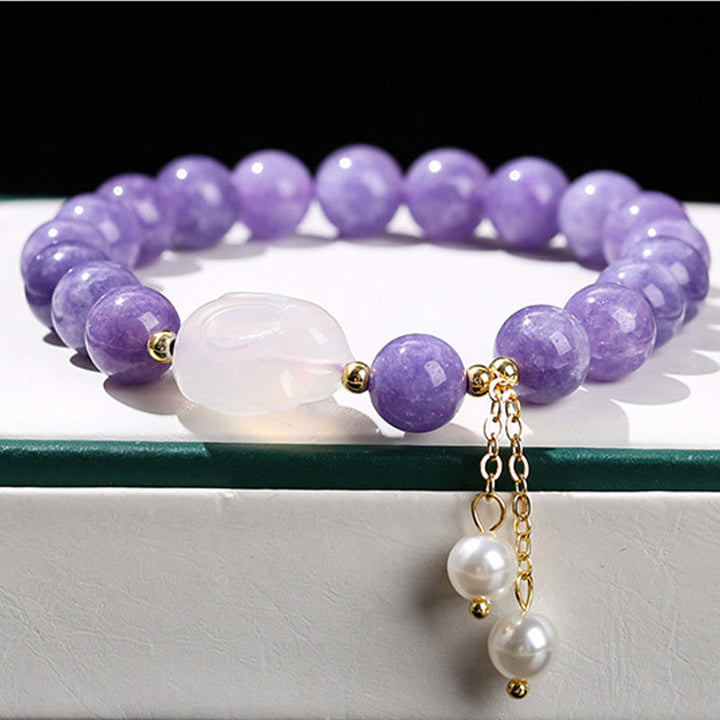 Buddha Stones Armband mit Heilperlen, natürlichem violettem Aquamarin und Chalcedon, Kaninchen-Design