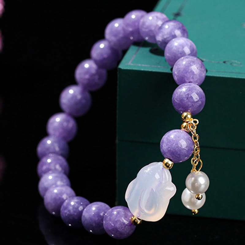 Buddha Stones Armband mit Heilperlen, natürlichem violettem Aquamarin und Chalcedon, Kaninchen-Design