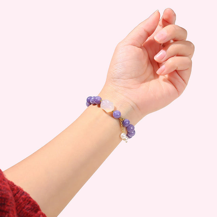 Buddha Stones Armband mit Heilperlen, natürlichem violettem Aquamarin und Chalcedon, Kaninchen-Design