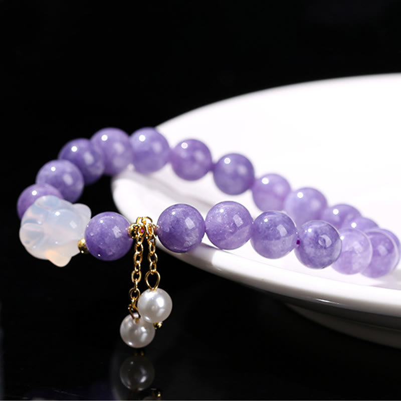 Buddha Stones Armband mit Heilperlen, natürlichem violettem Aquamarin und Chalcedon, Kaninchen-Design