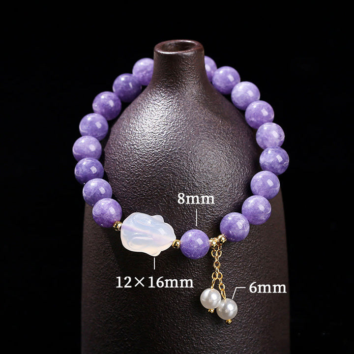 Buddha Stones Armband mit Heilperlen, natürlichem violettem Aquamarin und Chalcedon, Kaninchen-Design