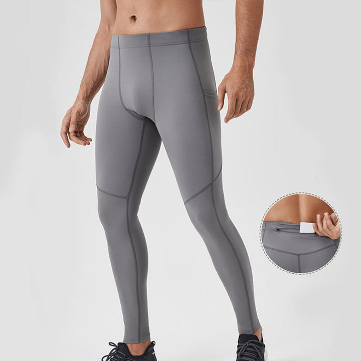 Buddha Stones - Einfarbige, hohe Taille, elastische, atmungsaktive Sport-Leggings für Herren mit Reißverschlusstasche auf der Rückseite
