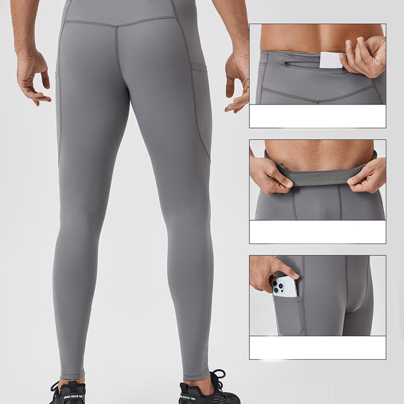 Buddha Stones - Einfarbige, hohe Taille, elastische, atmungsaktive Sport-Leggings für Herren mit Reißverschlusstasche auf der Rückseite