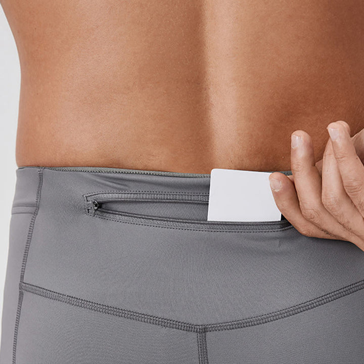 Buddha Stones - Einfarbige, hohe Taille, elastische, atmungsaktive Sport-Leggings für Herren mit Reißverschlusstasche auf der Rückseite