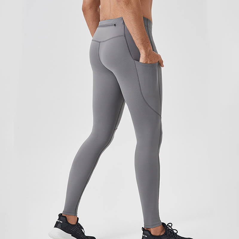Buddha Stones - Einfarbige, hohe Taille, elastische, atmungsaktive Sport-Leggings für Herren mit Reißverschlusstasche auf der Rückseite