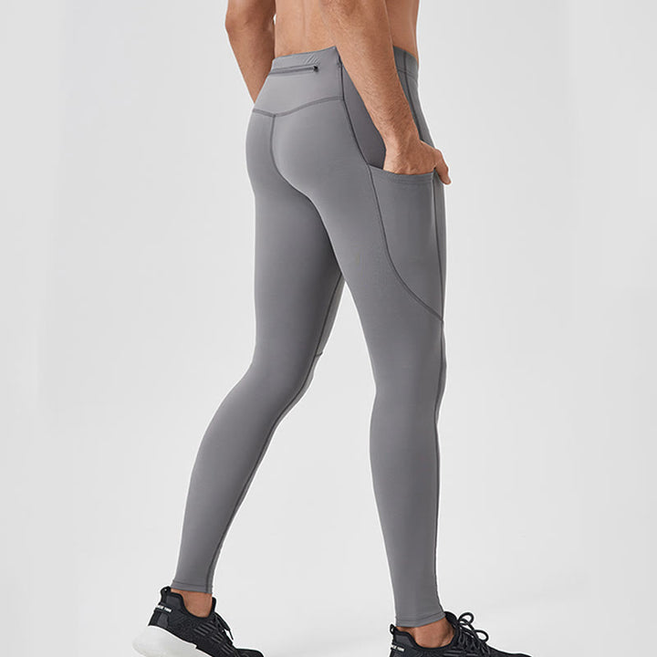 Buddha Stones - Einfarbige, hohe Taille, elastische, atmungsaktive Sport-Leggings für Herren mit Reißverschlusstasche auf der Rückseite