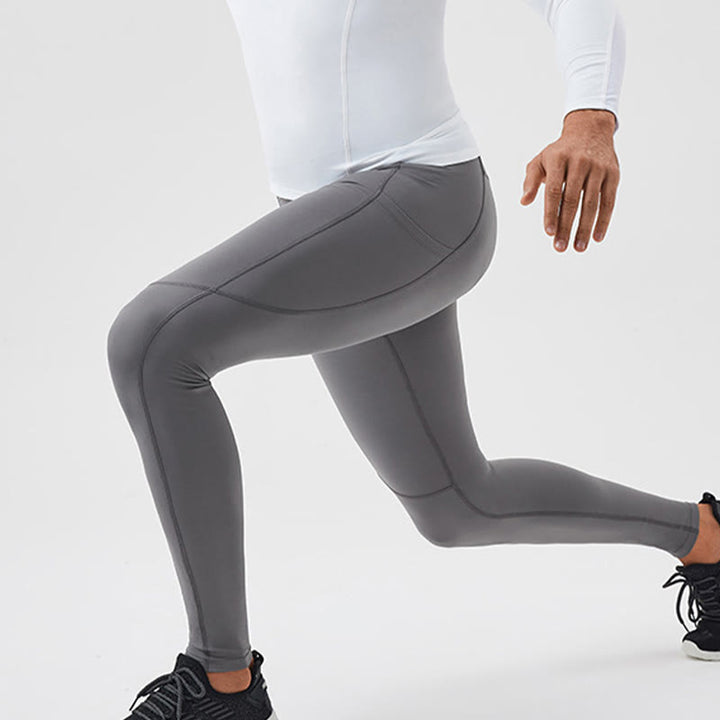 Buddha Stones - Einfarbige, hohe Taille, elastische, atmungsaktive Sport-Leggings für Herren mit Reißverschlusstasche auf der Rückseite