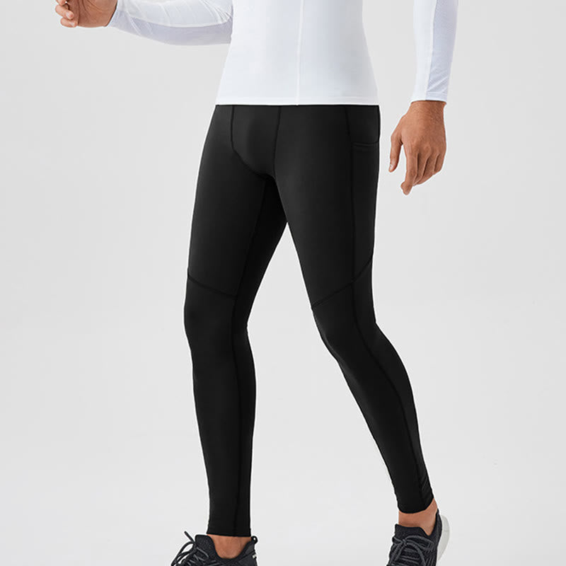 Buddha Stones - Einfarbige, hohe Taille, elastische, atmungsaktive Sport-Leggings für Herren mit Reißverschlusstasche auf der Rückseite