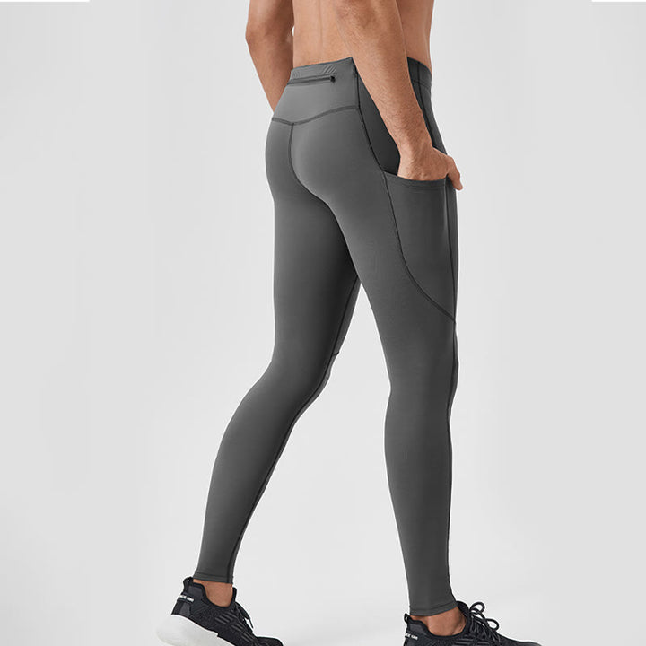 Buddha Stones - Einfarbige, hohe Taille, elastische, atmungsaktive Sport-Leggings für Herren mit Reißverschlusstasche auf der Rückseite