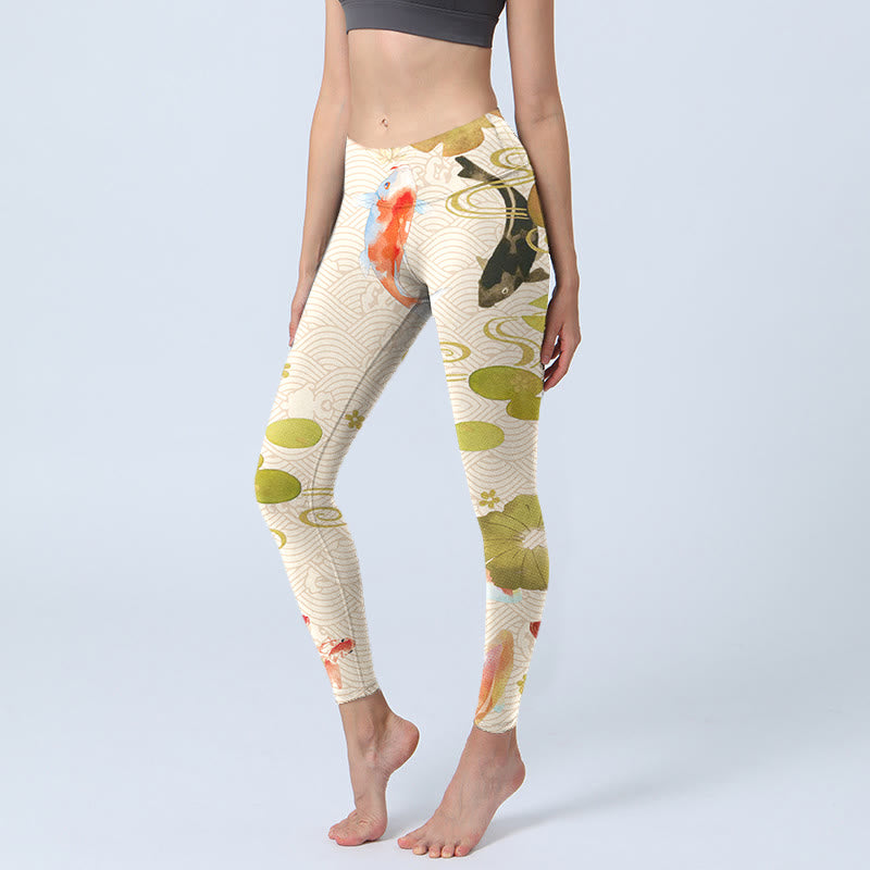 Buddha Stones, Koi-Fische, Lotusblätter-Druck, Gym-Leggings, Damen-Yogahose - Elfenbein - US18， UK/AU22，EU50 (4XL) - image 1