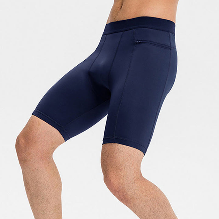 Buddha Stones Enganliegende, dehnbare, hochelastische, schnelltrocknende Sport-Shorts für Herren mit Reißverschlusstaschen