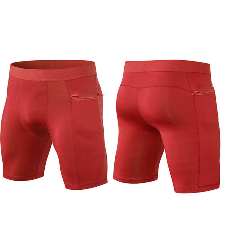Buddha Stones Enganliegende, dehnbare, hochelastische, schnelltrocknende Sport-Shorts für Herren mit Reißverschlusstaschen