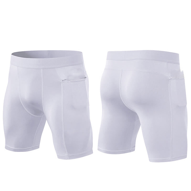 Buddha Stones Enganliegende, dehnbare, hochelastische, schnelltrocknende Sport-Shorts für Herren mit Reißverschlusstaschen