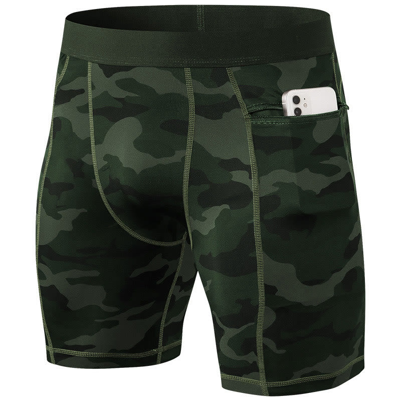 Buddha Stones Enganliegende, dehnbare, hochelastische, schnelltrocknende Sport-Shorts für Herren mit Reißverschlusstaschen