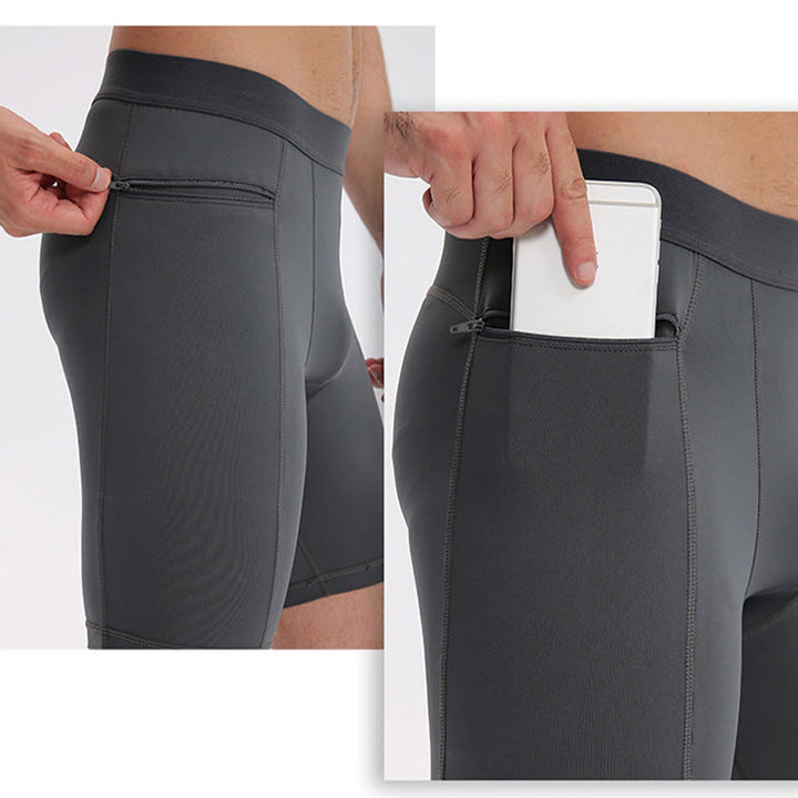 Buddha Stones Enganliegende, dehnbare, hochelastische, schnelltrocknende Sport-Shorts für Herren mit Reißverschlusstaschen