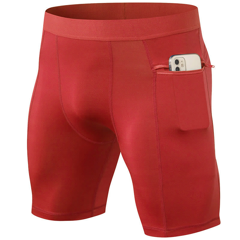Buddha Stones Enganliegende, dehnbare, hochelastische, schnelltrocknende Sport-Shorts für Herren mit Reißverschlusstaschen