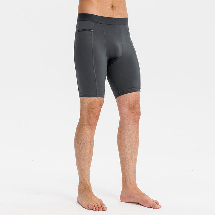 Buddha Stones Enganliegende, dehnbare, hochelastische, schnelltrocknende Sport-Shorts für Herren mit Reißverschlusstaschen