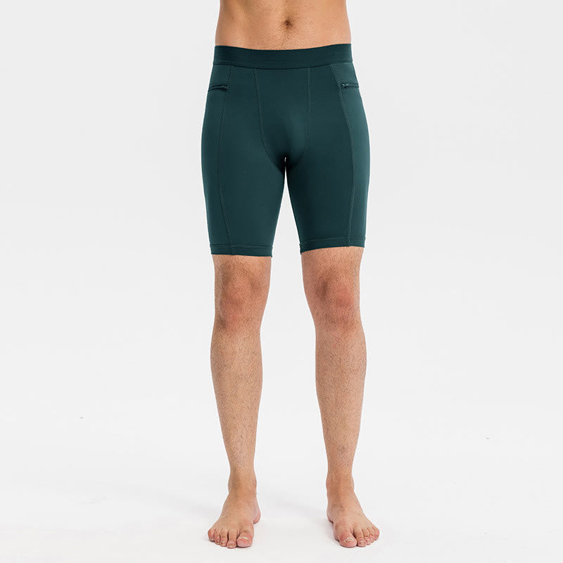 Buddha Stones Enganliegende, dehnbare, hochelastische, schnelltrocknende Sport-Shorts für Herren mit Reißverschlusstaschen