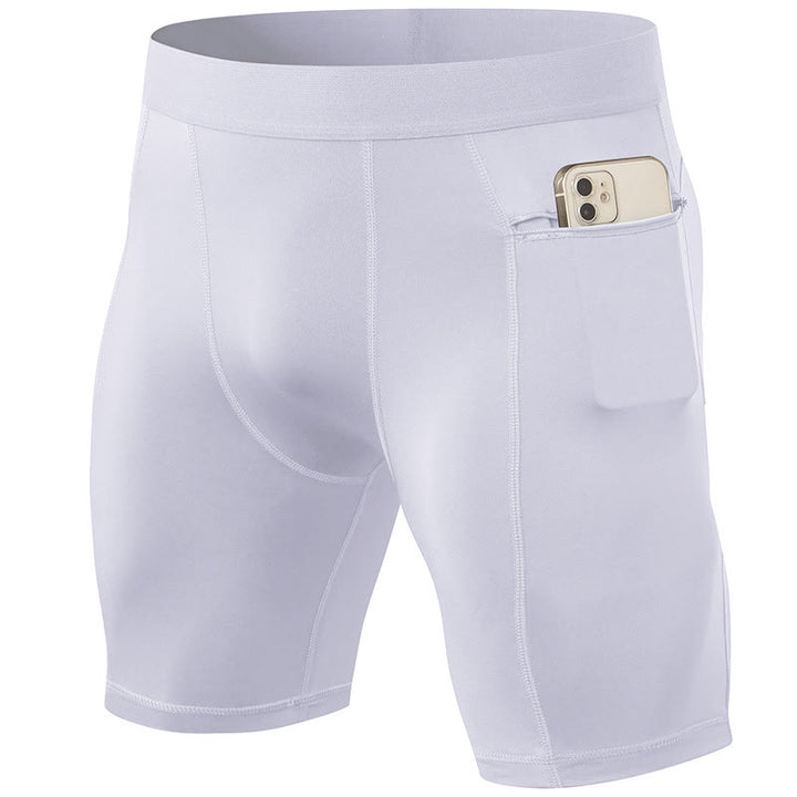 Buddha Stones Enganliegende, dehnbare, hochelastische, schnelltrocknende Sport-Shorts für Herren mit Reißverschlusstaschen