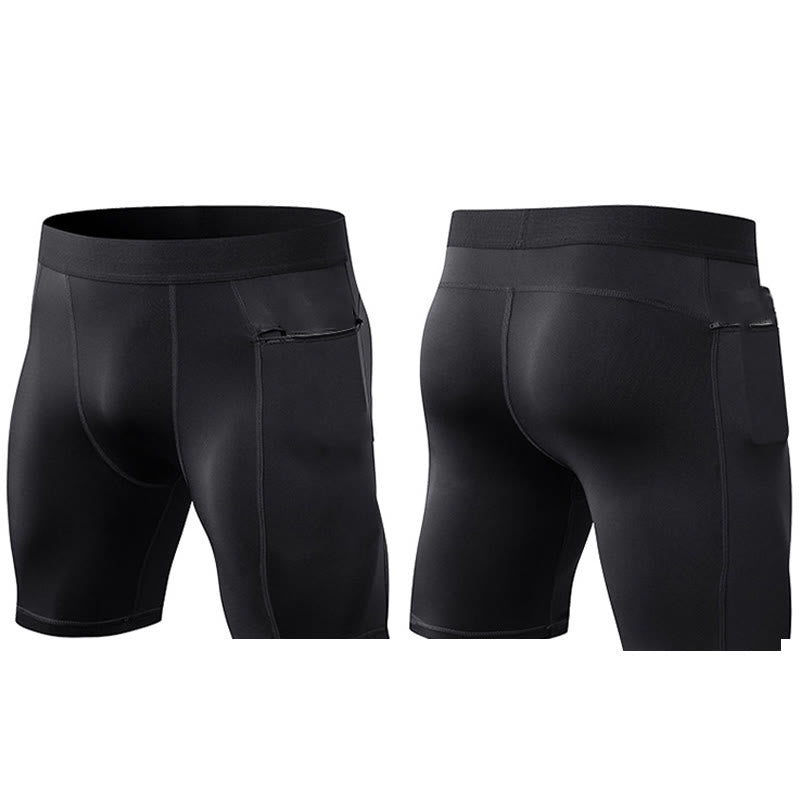 Buddha Stones Enganliegende, dehnbare, hochelastische, schnelltrocknende Sport-Shorts für Herren mit Reißverschlusstaschen
