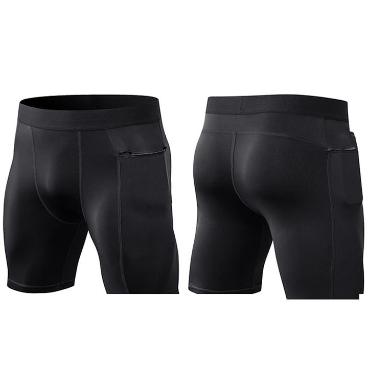 Buddha Stones Enganliegende, dehnbare, hochelastische, schnelltrocknende Sport-Shorts für Herren mit Reißverschlusstaschen