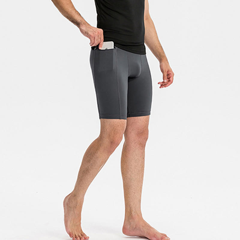 Buddha Stones Enganliegende, dehnbare, hochelastische, schnelltrocknende Sport-Shorts für Herren mit Reißverschlusstaschen