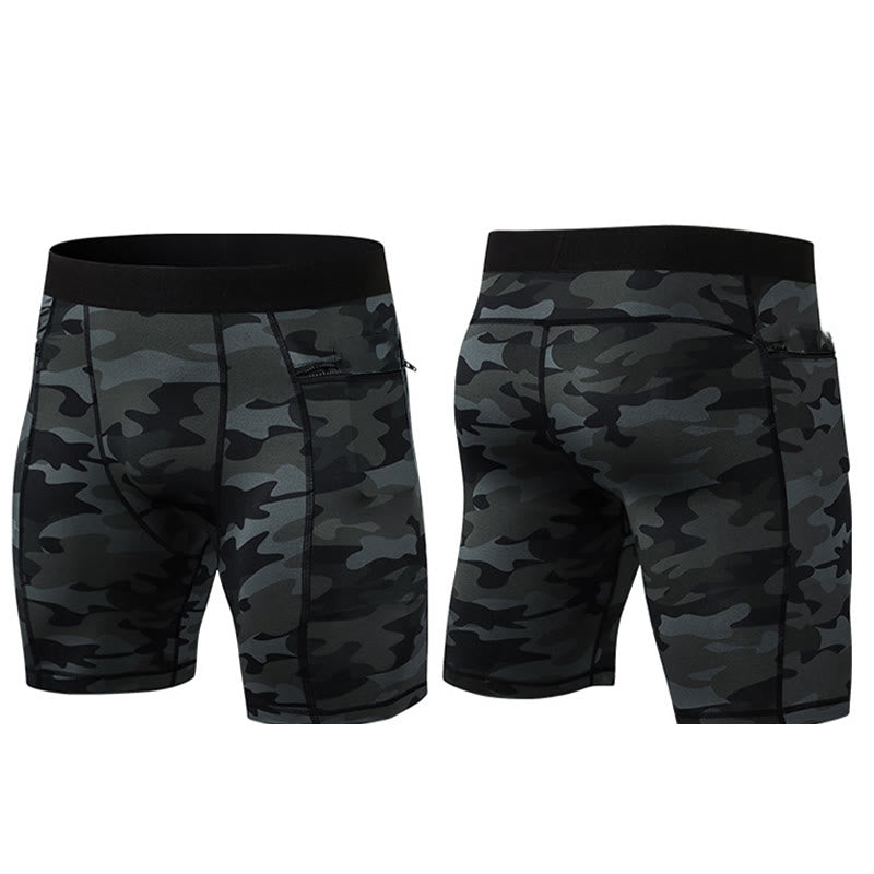 Buddha Stones Enganliegende, dehnbare, hochelastische, schnelltrocknende Sport-Shorts für Herren mit Reißverschlusstaschen